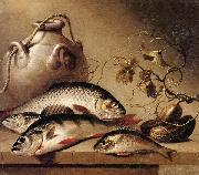 Harmen van Steenwyck Still life of freshwater fish,together with an earthenware pot and ghrkins,upon a stone ledge Spain oil painting artist